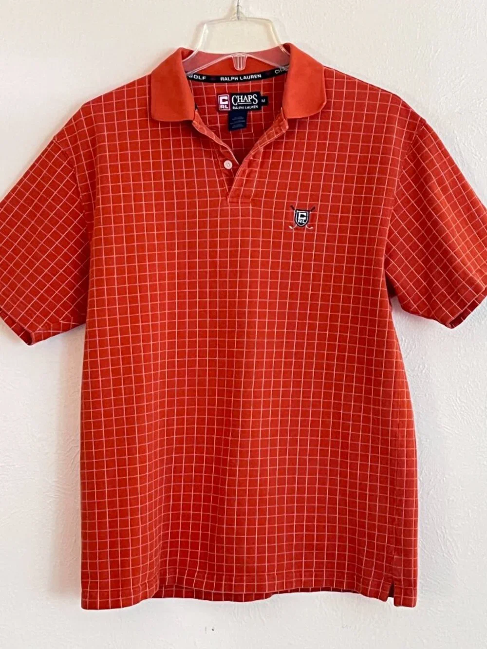 Vintage 90s Chaps Ralph Lauren Golf Shield Polo Shirt Men's M Orange Pattern